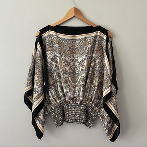 Max Studio Handkerchief Smocked Bohemian Paisley Top Size XS Gold Black